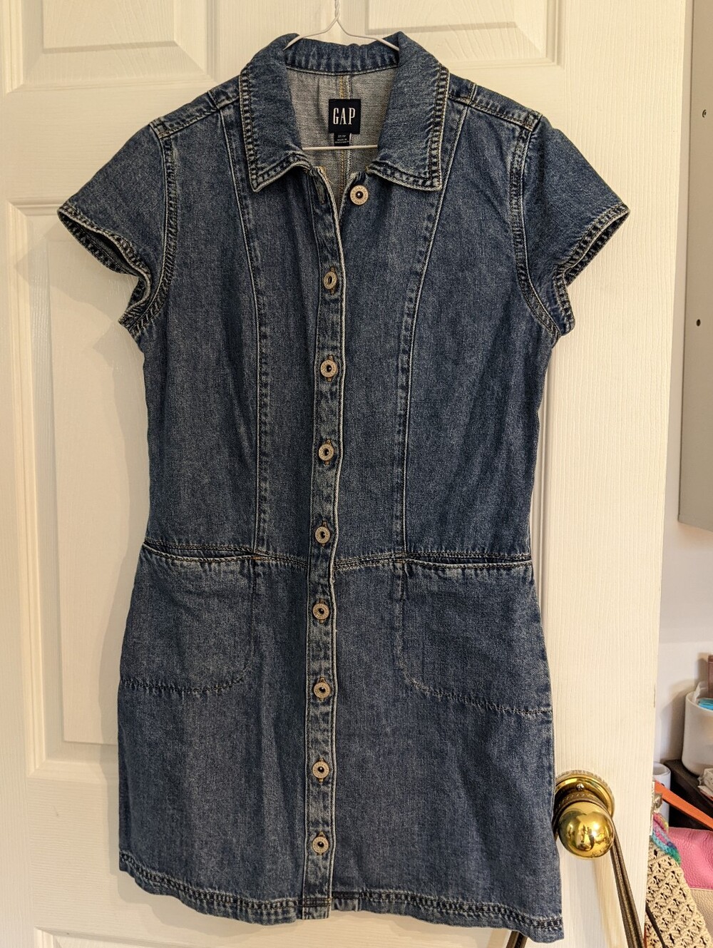 GAP Short-Sleeve Button-Down Denim Mini Dress in Blue